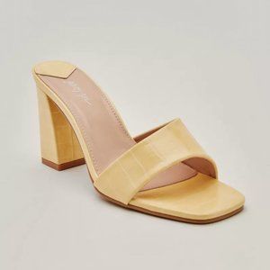 Faux Croc Asymmetric Block Heel Mules